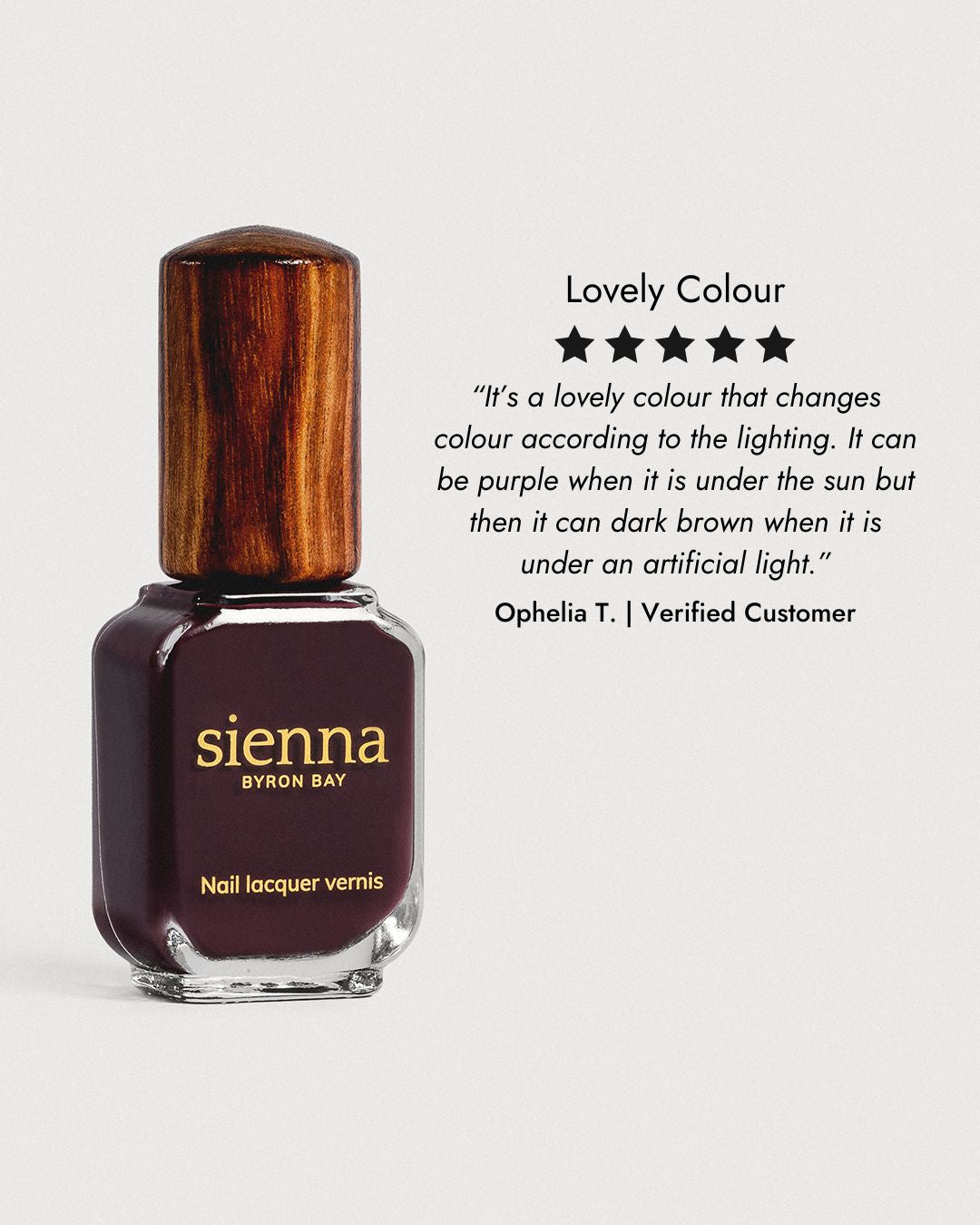 Aubergine nail polish glass bottle with timber cap 5 star review