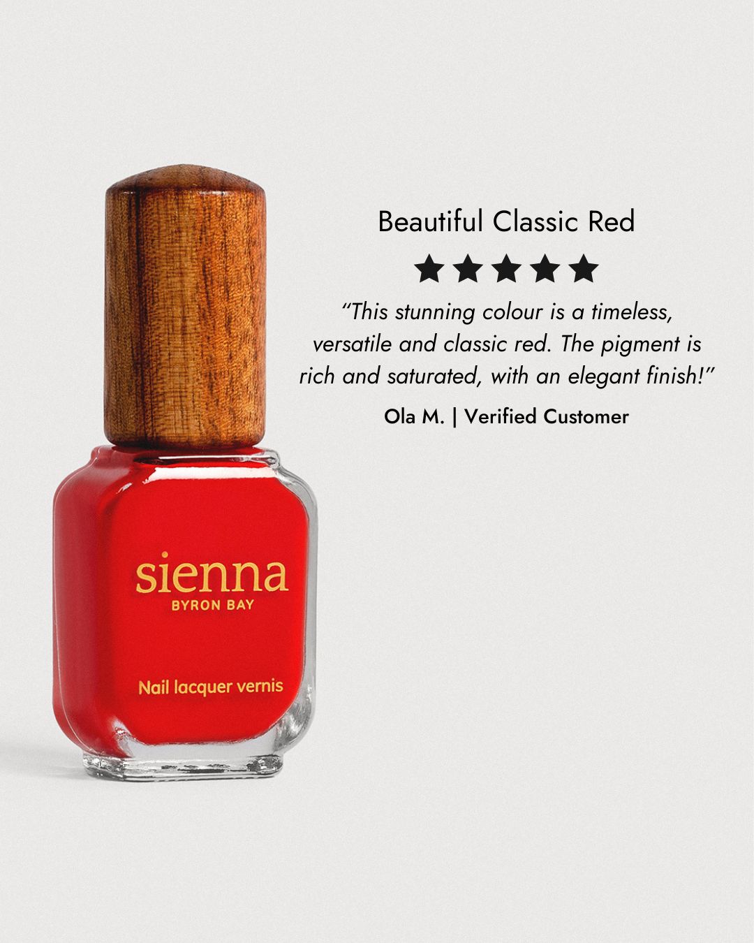 bright red nail polish glass bottle with 5 star review