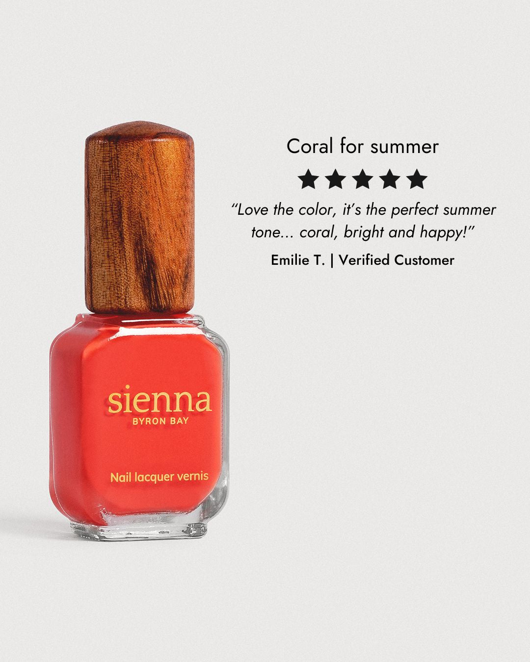 Warm strawberry red nail polish glass bottle with 5 star review
