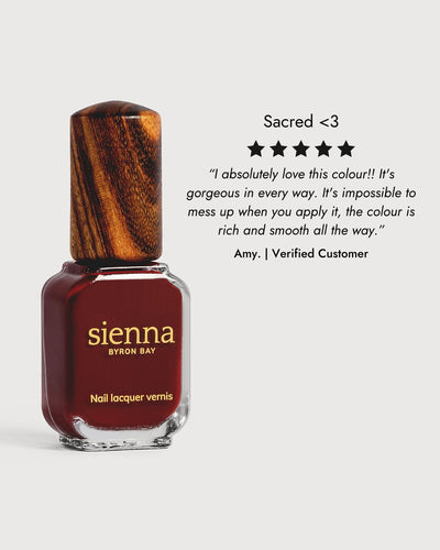 Organic mid-tone red nail polish glass bottle with 5 star review