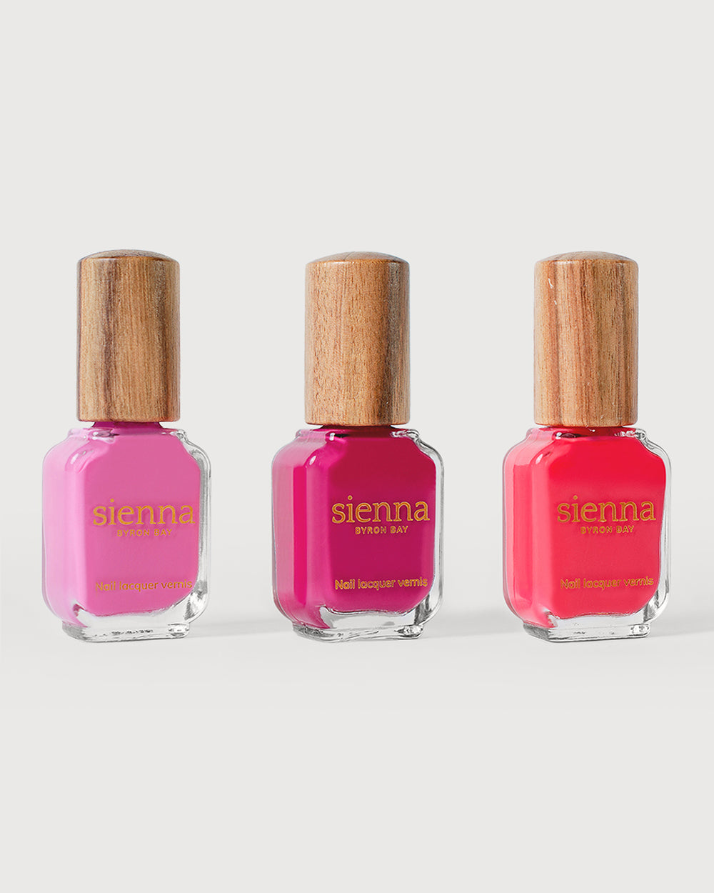 Vibrant Pinks Nail Polish Bottes with timber caps, Crush Trio