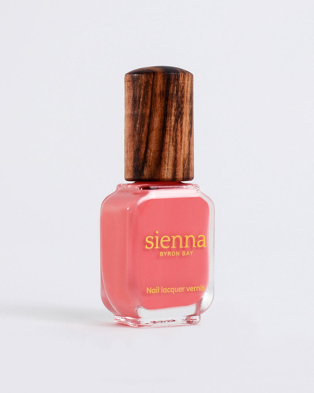 Grapefruit Pink nail polish bottle with timber cap by Sienna Byron Bay