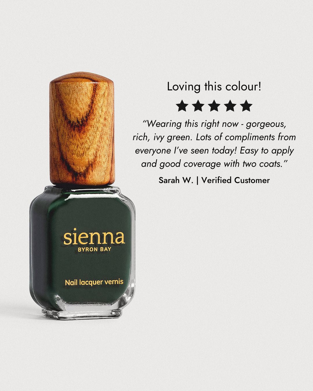 deep olive green nail polish glass bottle with 5 star review