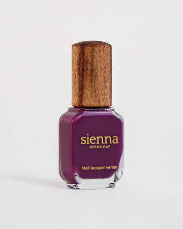 Reverence Violet Grape Crème nail polish bottle with timber lid by Sienna Byron Bay. 