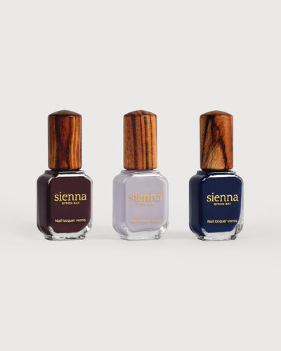 Aubergine, Thistle purple-grey, Classic navy blue nail polish bottles with timber cap