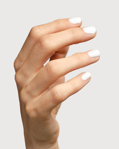Crisp snow white nail polish hand swatch on fair skin tone